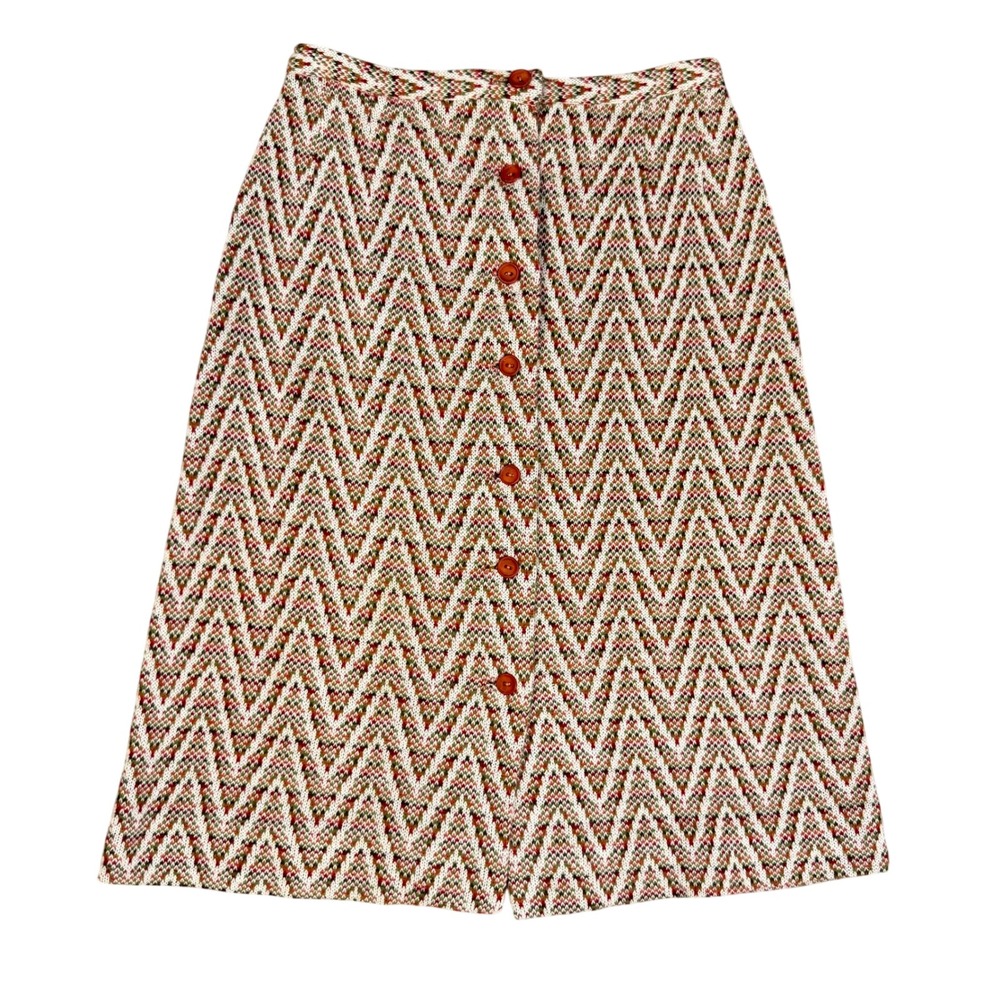 Vintage 70s Mod Chevron Zigzag Knit Button Front A-Line Midi Skirt MCM Earthy